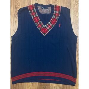 Payne Stewart Sweater Vest Mens Large V Neck Tartan Trim Navy Golf